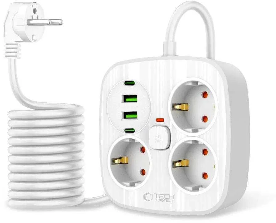 „Tech-Protect PCS3X4“ maitinimo lizdas, 3 lizdai, 2xUSB-A, 2xUSB-C, 200 cm - baltas