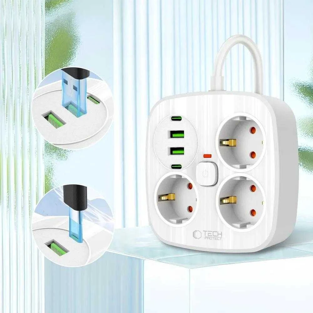 „Tech-Protect PCS3X4“ maitinimo lizdas, 3 lizdai, 2xUSB-A, 2xUSB-C, 200 cm - baltas