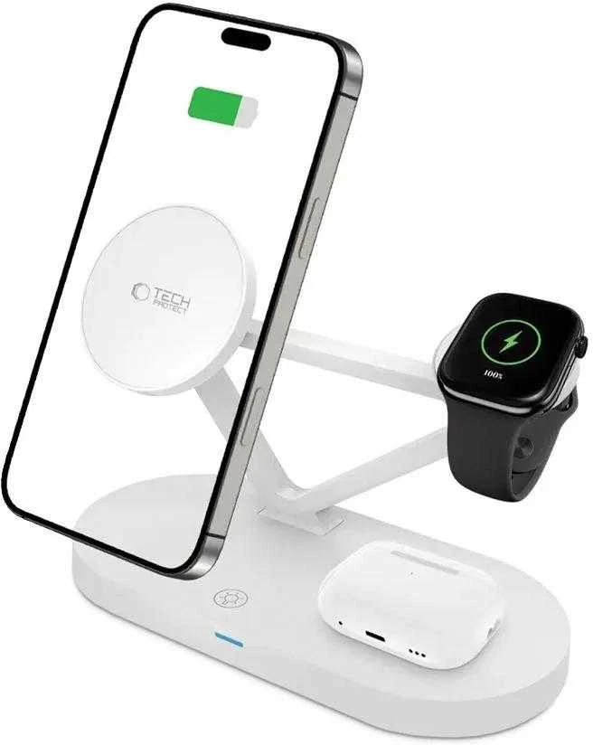 Tech-Protect QI15W-A41 3in1 belaidis įkroviklis su MagSafe for Apple Devices – baltos spalvos