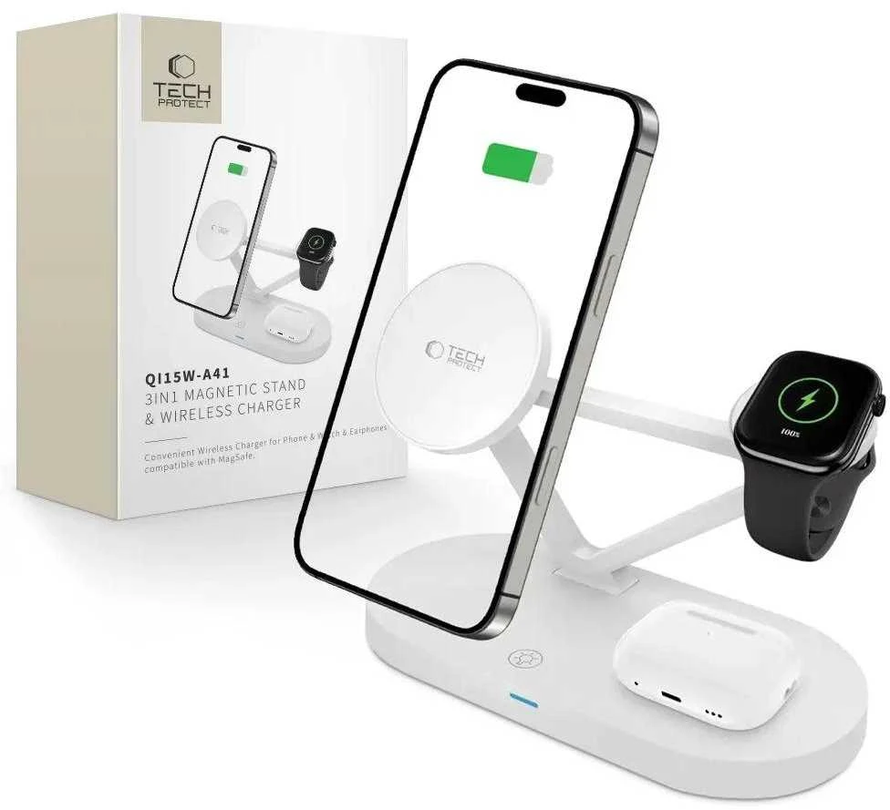 Tech-Protect QI15W-A41 3in1 belaidis įkroviklis su MagSafe for Apple Devices – baltos spalvos