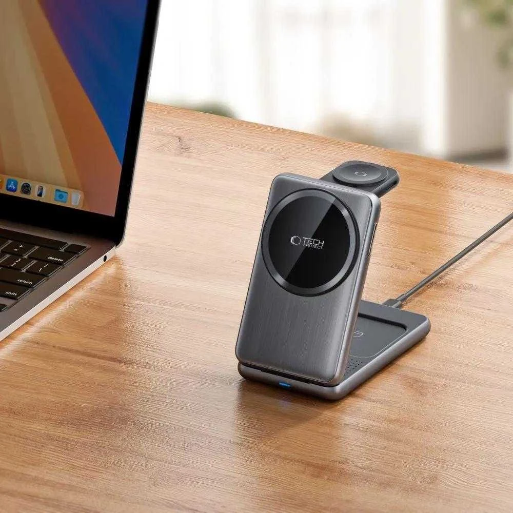 Tech Protect QI15W-A42 3in1 belaidis įkroviklis su MagSafe skirtas Apple Devices – pilkos spalvos