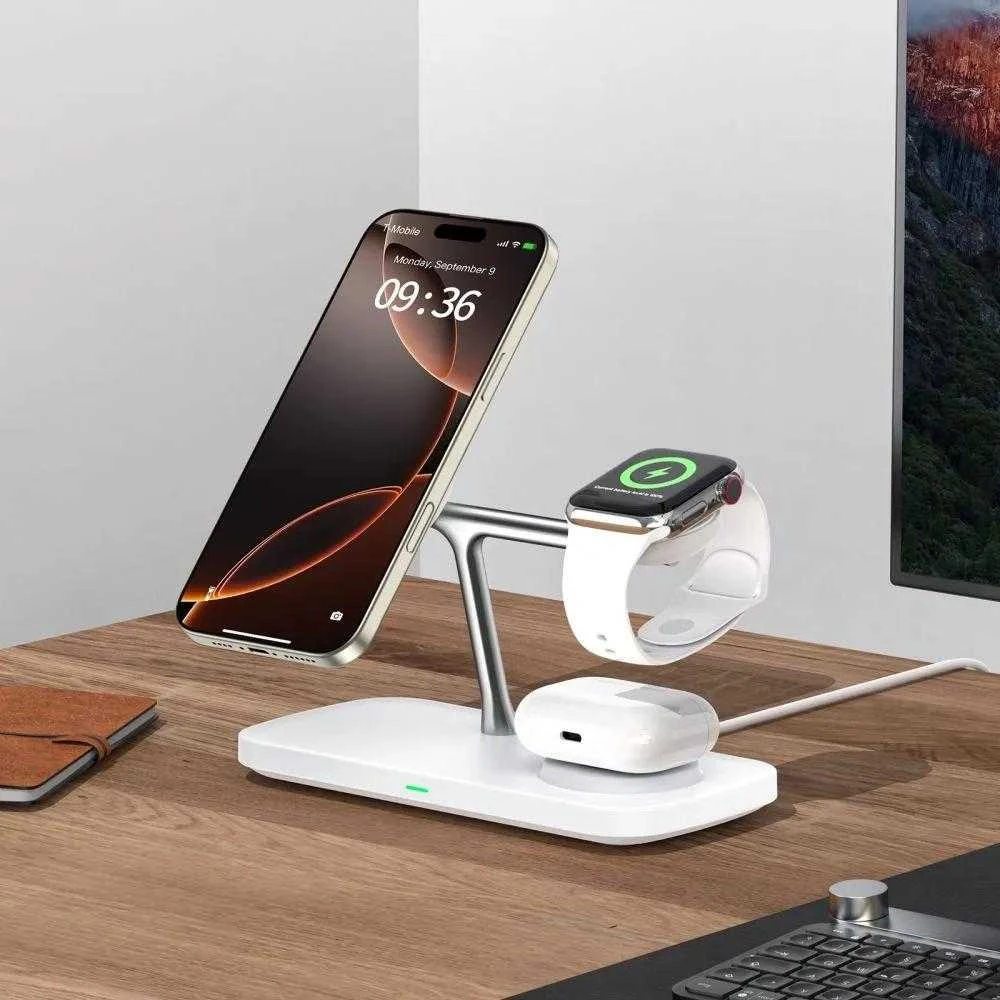 Tech-Protect QI15W-A45 3in1 belaidis įkroviklis su MagSafe for Apple Devices – baltos spalvos