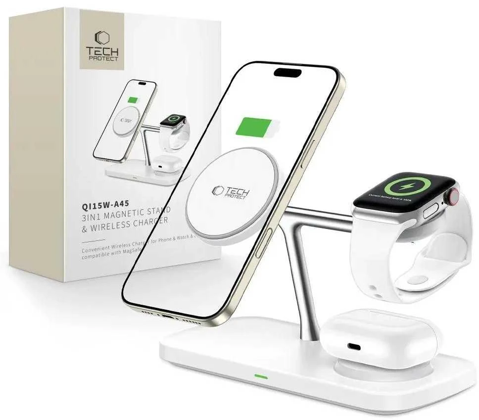 Tech-Protect QI15W-A45 3in1 belaidis įkroviklis su MagSafe for Apple Devices – baltos spalvos