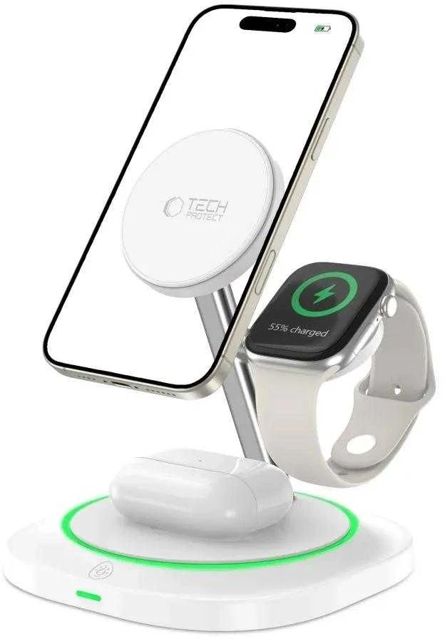 Tech-Protect QI15W-A46 3in1 magnetinis MagSafe indukcinis įkroviklis - Baltas