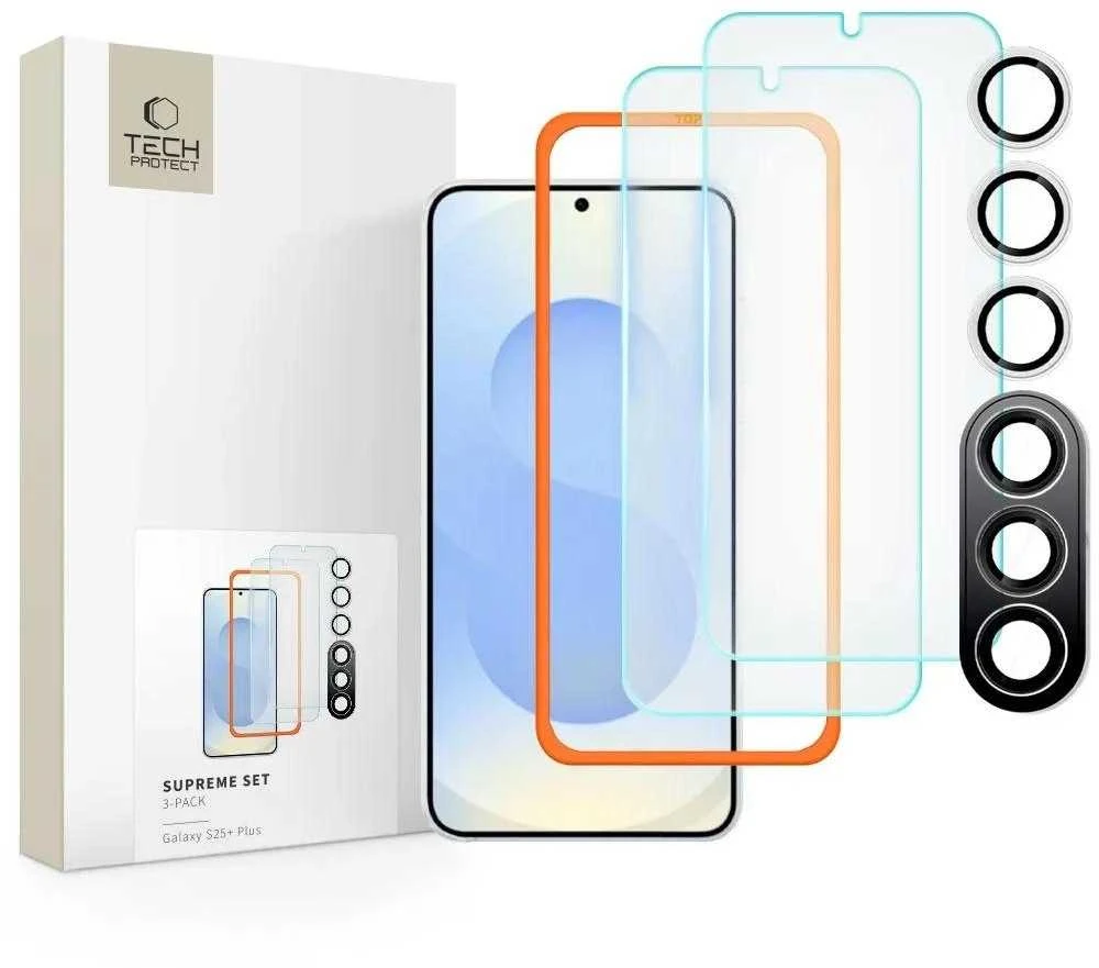Tech-Protect Supreme Set for Samsung Galaxy S25 Plus 2x apsauginis stiklas skirtas ekranui / apsauginis stiklas for camera – transparent