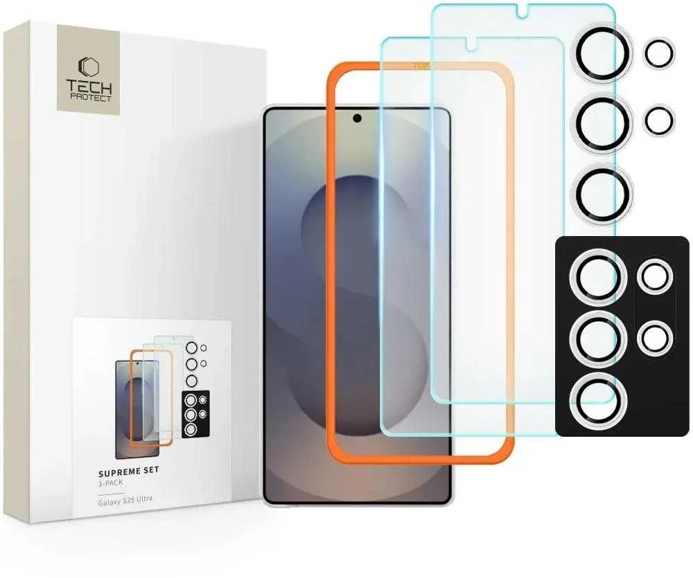Tech-Protect Supreme Set for Samsung Galaxy S25 Ultra 2x apsauginis stiklas Screen Protector / Camera apsauginis stiklas – Clear