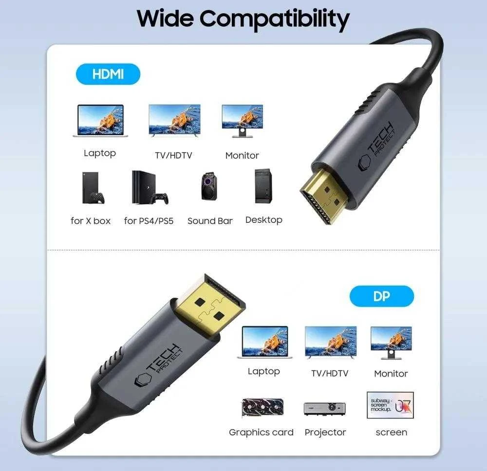Tech-Protect UltraBoost DisplayPort / HDMI 2.0 Cable 4K 60Hz 2m - Juodas