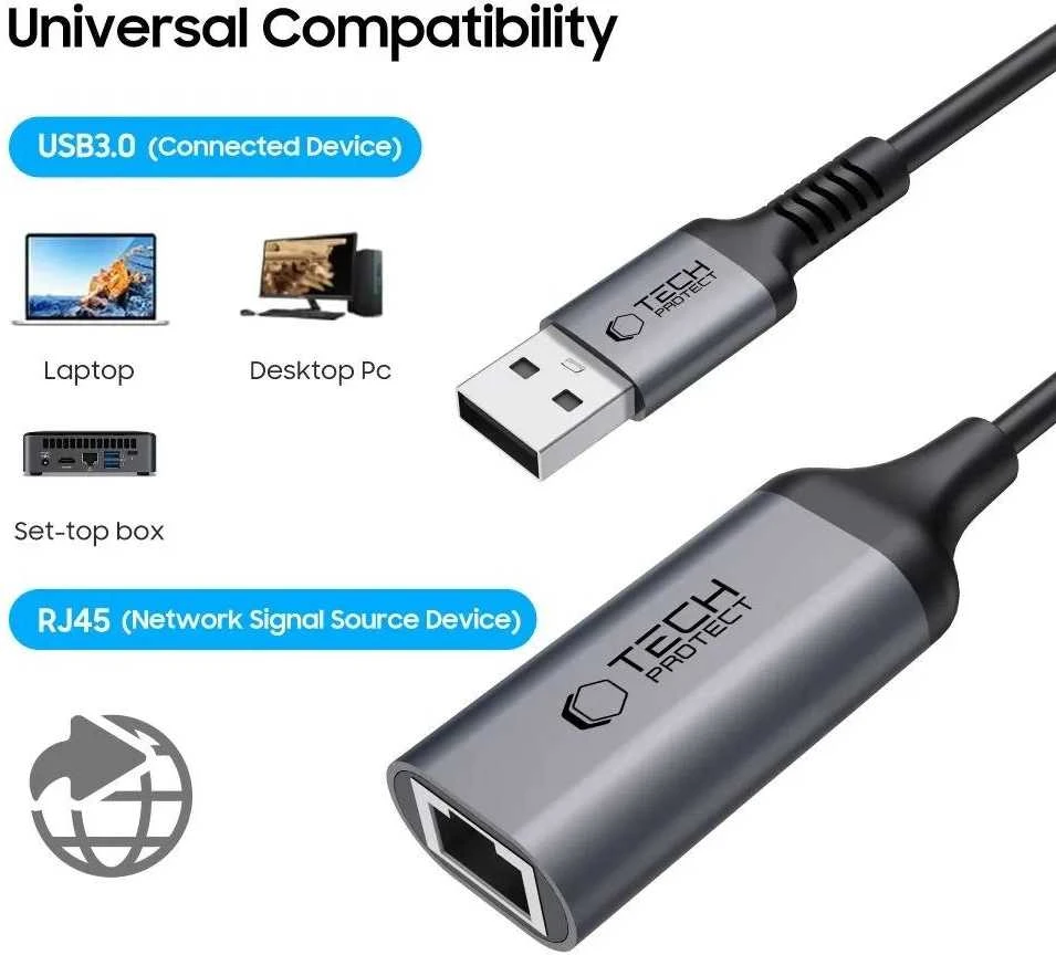 Tech-Protect UltraBoost USB-A 3.0 / Ethernet RJ45 1000Mbps adapteris - Juodas