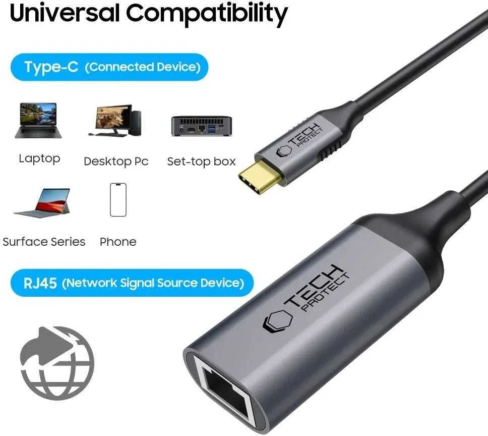 Tech-Protect UltraBoost USB-C į Ethernet RJ45 1000Mbps adapteris - Juodas