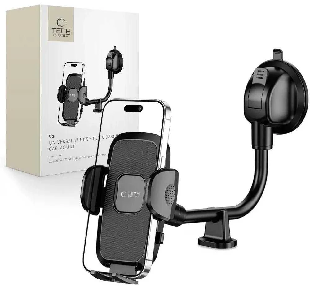 Tech-Protect V3 Long Arm automobilinis telefono laikiklis for Windshield/Cockpit – juodos spalvos