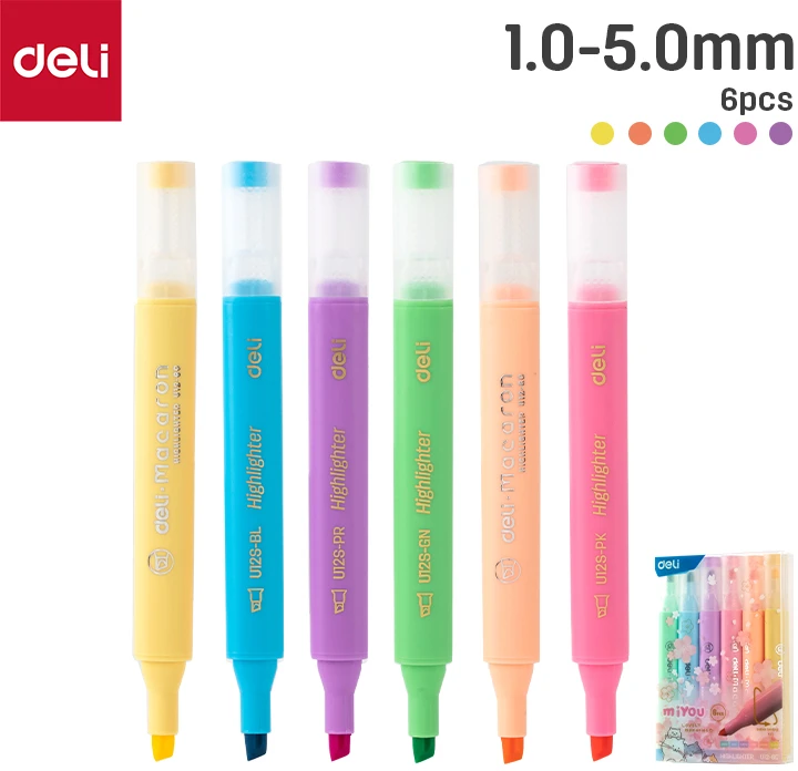 Teksto žymeklių rinkinys DELI Macaron, 1–5 mm, pastelinės 6 spalvos