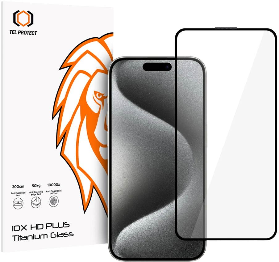 Tel Protect 10X HD Plus Titanium grūdintas stiklas, skirtas iPhone 15 Pro Max (dėklas)