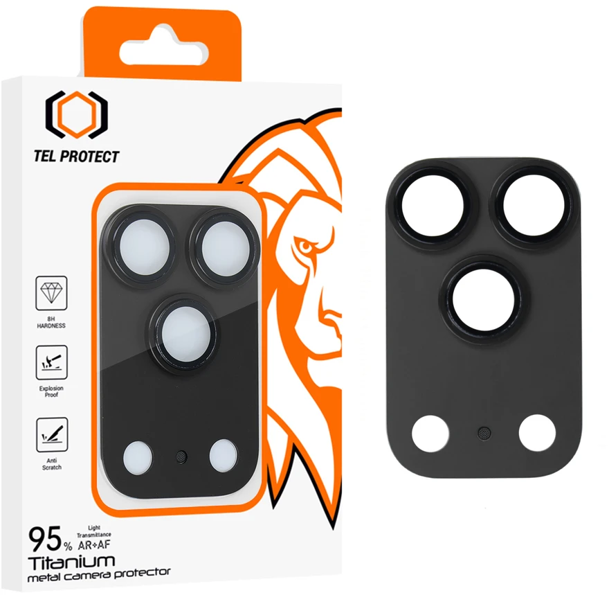 Tel Protect 95% AR+AF Full Metal apsauginis stiklas kamerai, skirtas iPhone 18 Pro Max, juodas (kameros blokas)