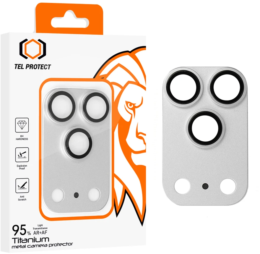 Tel Protect 95% AR+AF Full Metal Camera Protector apsauga kamerai, skirta iPhone 18 Pro, sidabrinė (blokas)