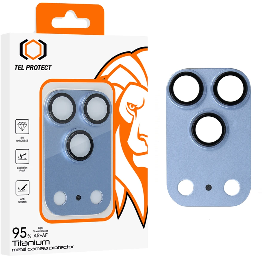 Tel Protect 95% AR+AF Full Metal Camera Protector apsauga kamerai, skirta iPhone 18 Pro Max, šviesiai mėlyna (blokas)