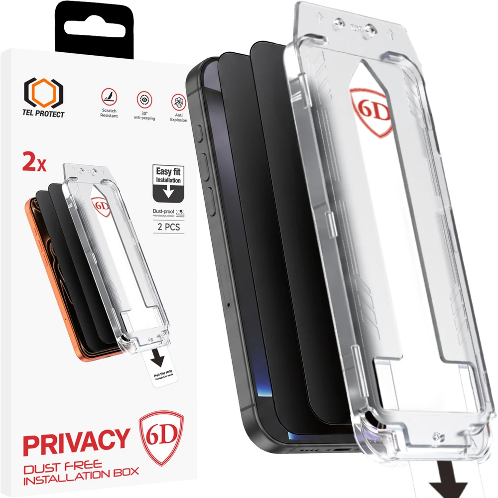 Tel Protect Dust-Free Easy Fit Privacy Full Glue 6D grūdintas stiklas, skirtas iPhone 13/13 Pro/16E/17E, juodas – 2 vienetai