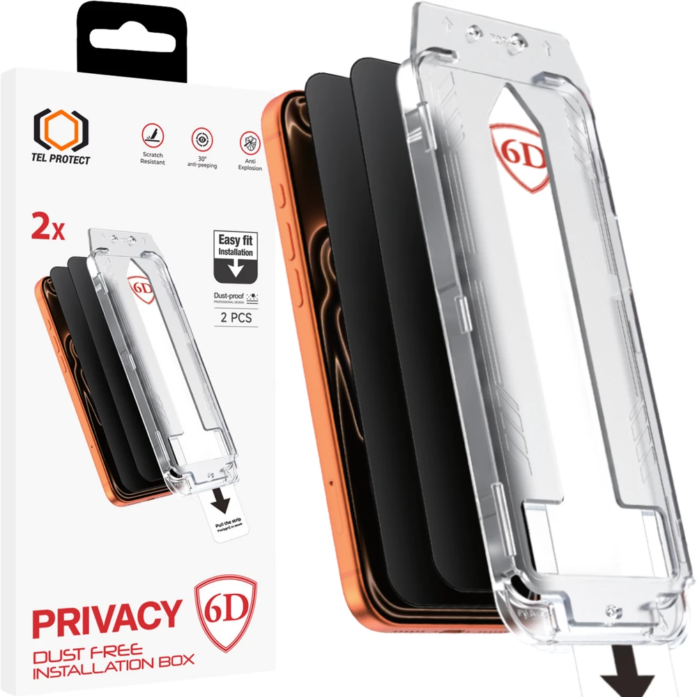 Tel Protect Dust-Free Easy Fit Privacy Full Glue 6D grūdintas stiklas, skirtas iPhone 16, juodas – 2 vnt.