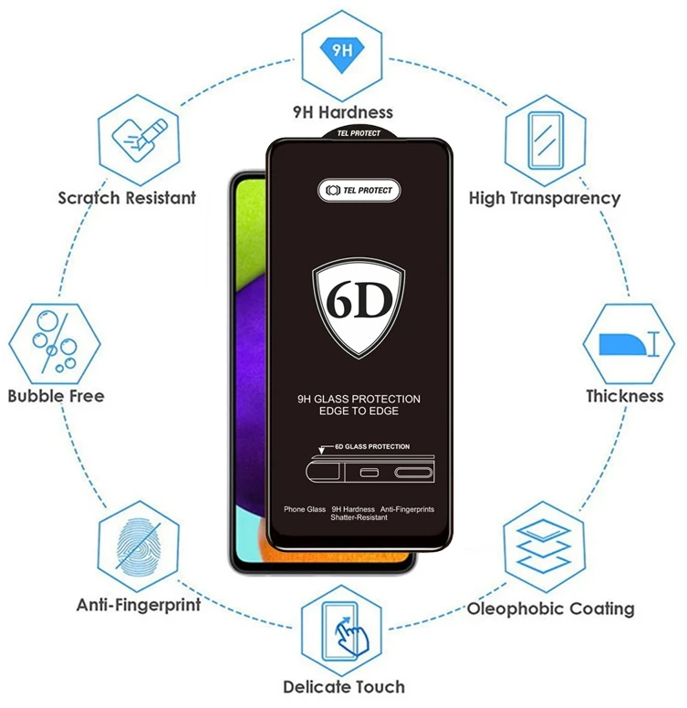 Tel Protect Full Glue 6D Tempered Glass skirtas SAMSUNG GALAXY S22/S23 Juodas (with fingerprint unlock) – 10 PACK