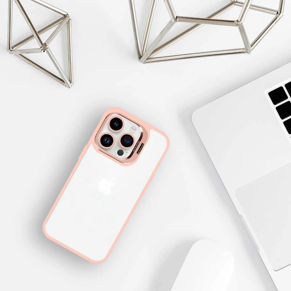 Tel Protect Kickstand dėklas + apsauginis stiklas kamerai (lens) skirtas Apple iPhone 14 Pro Max light rožinės spalvos