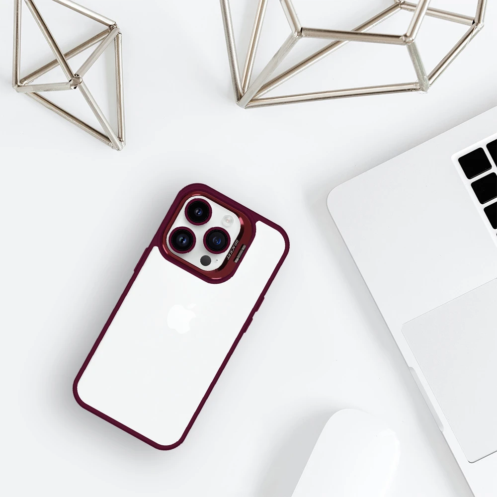„Tel Protect“ dėklas su atlošu ir kameros stikliuku (objektyvu) Apple iPhone 15 Pro bordo spalvos