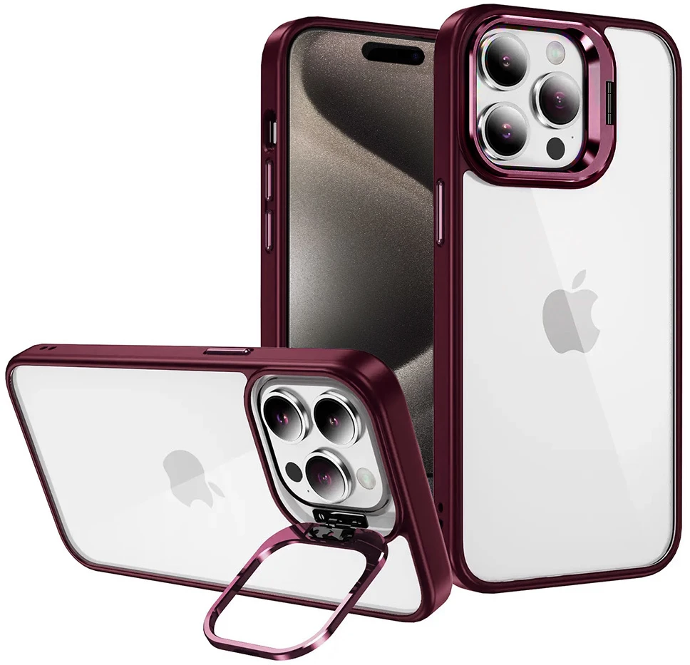 „Tel Protect“ dėklas su atlošu ir kameros stikliuku (objektyvu) Apple iPhone 13 Pro Max bordo spalvos
