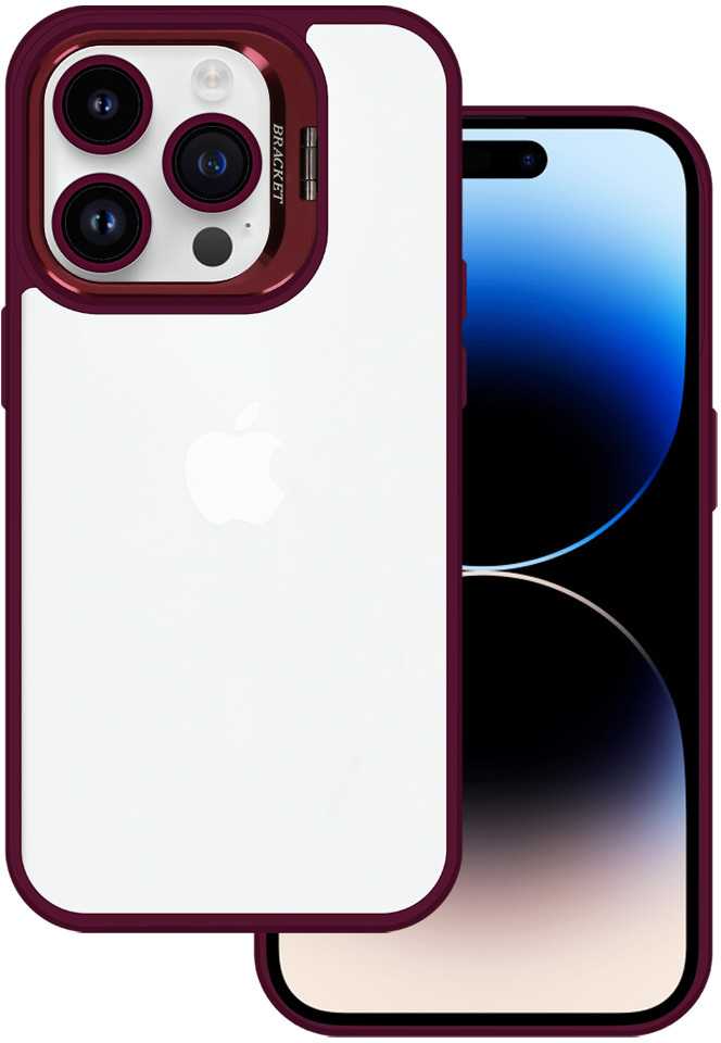 „Tel Protect“ dėklas su atlošu ir kameros stikliuku (objektyvu) Apple iPhone 15 Pro bordo spalvos