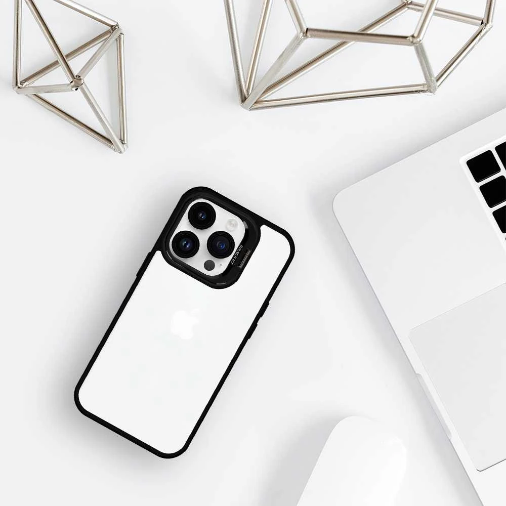 Tel Protect Kickstand dėklas + apsauginis stiklas kamerai (lens) skirtas Apple iPhone 15 Plus juodos spalvos