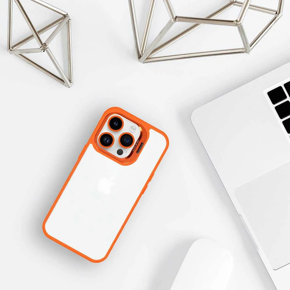Tel Protect Kickstand dėklas + apsauginis stiklas kamerai (lens) skirtas Apple iPhone 15 Plus oranžinės spalvos