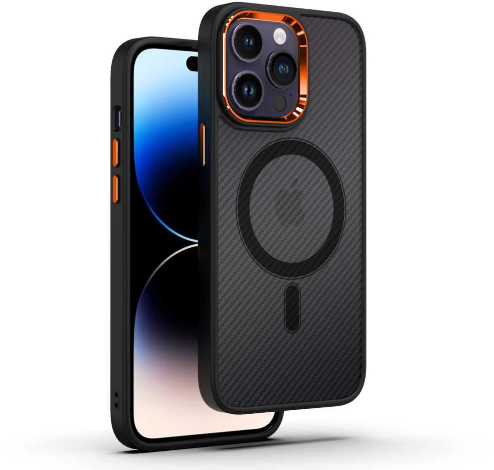 Tel Protect Magnetic Carbon dėklas, skirtas Apple iPhone 15 Plus, juodai-oranžinis
