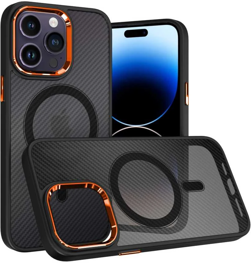 Tel Protect Magnetic Carbon dėklas, skirtas Apple iPhone 15 Plus, juodai-oranžinis