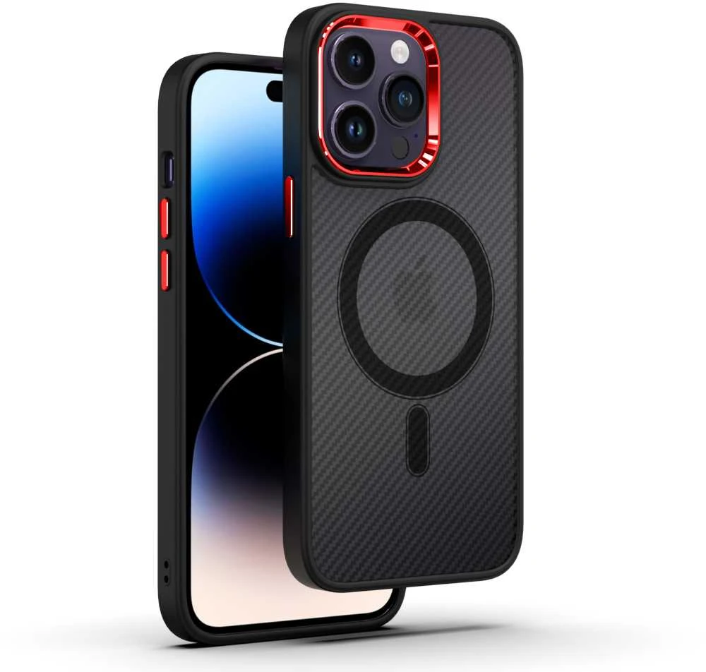 Tel Protect Magnetic Carbon dėklas skirtas iPhone 15 Plus juodas-raudonas