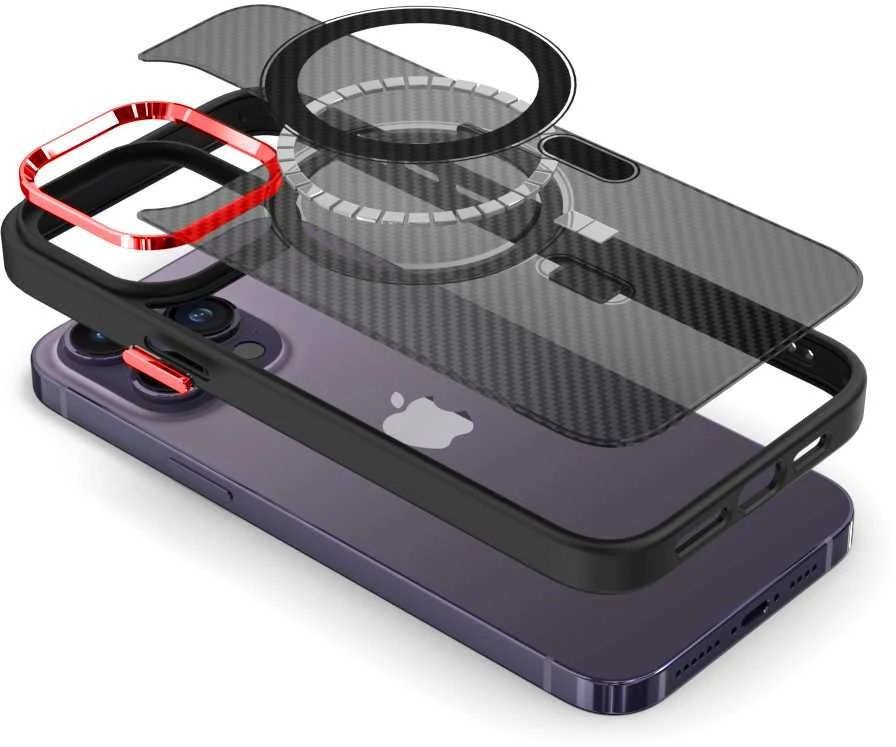Tel Protect Magnetic Carbon dėklas skirtas iPhone 15 Plus juodas-raudonas