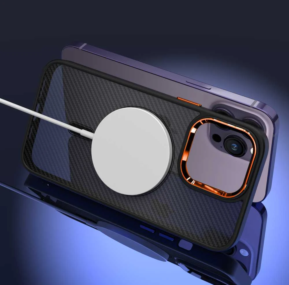 Tel Protect Magnetic Carbon dėklas, skirtas Apple iPhone 15 Plus, juodai-oranžinis