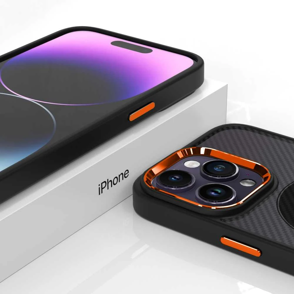 Tel Protect Magnetic Carbon dėklas, skirtas Apple iPhone 15 Plus, juodai-oranžinis