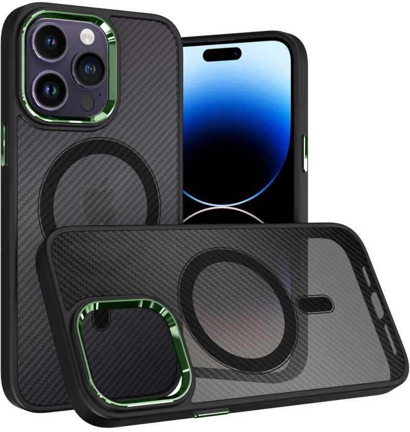 Tel Protect Magnetic Carbon dėklas skirtas iPhone 15 Plus juodas-žalias