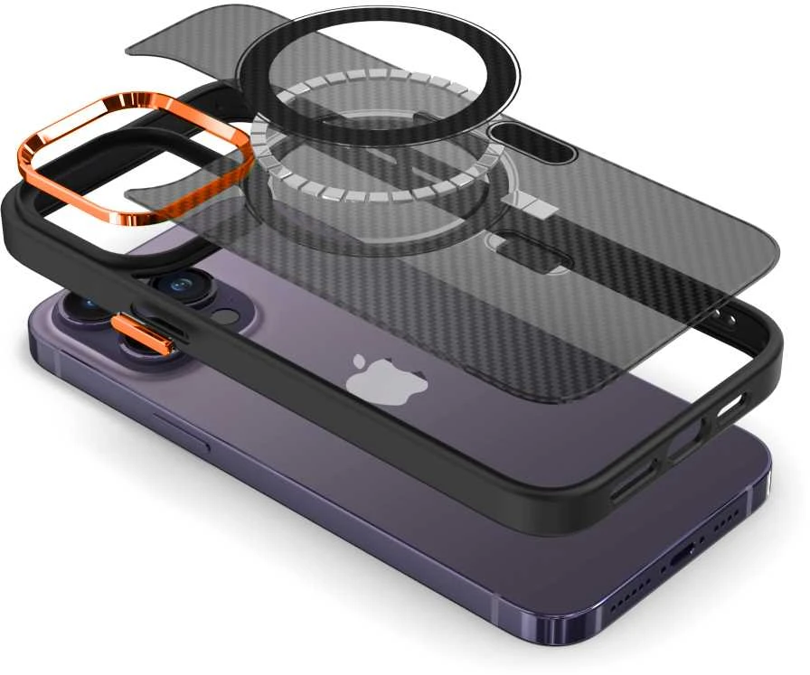 Tel Protect Magnetic Carbon dėklas, skirtas Apple iPhone 15 Plus, juodai-oranžinis