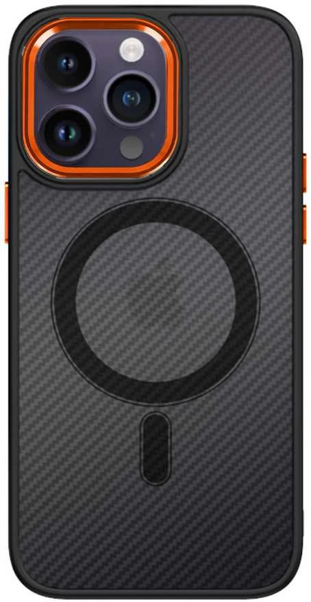 Tel Protect Magnetic Carbon dėklas, skirtas Apple iPhone 15 Plus, juodai-oranžinis