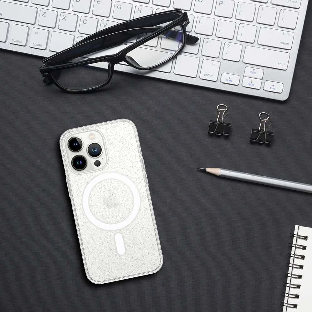 Tel Protect MagSilicone Clear dėklas, skirtas „iPhone 15 Pro Max“, su blizgučiais.