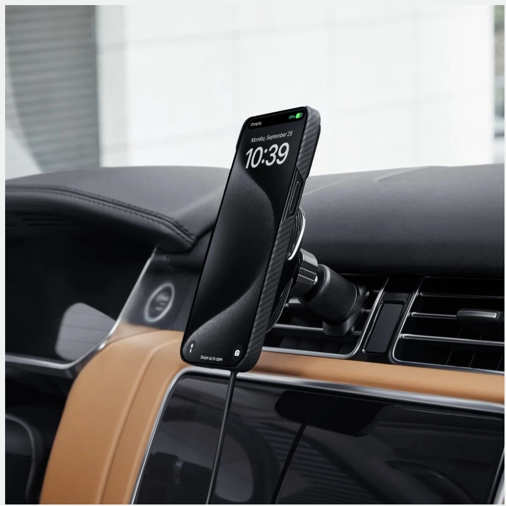 Car mount with wireless charger PITAKA MagEZ Pro 2 Qi2 15W NFC MagSafe juodos spalvos pilkos spalvos