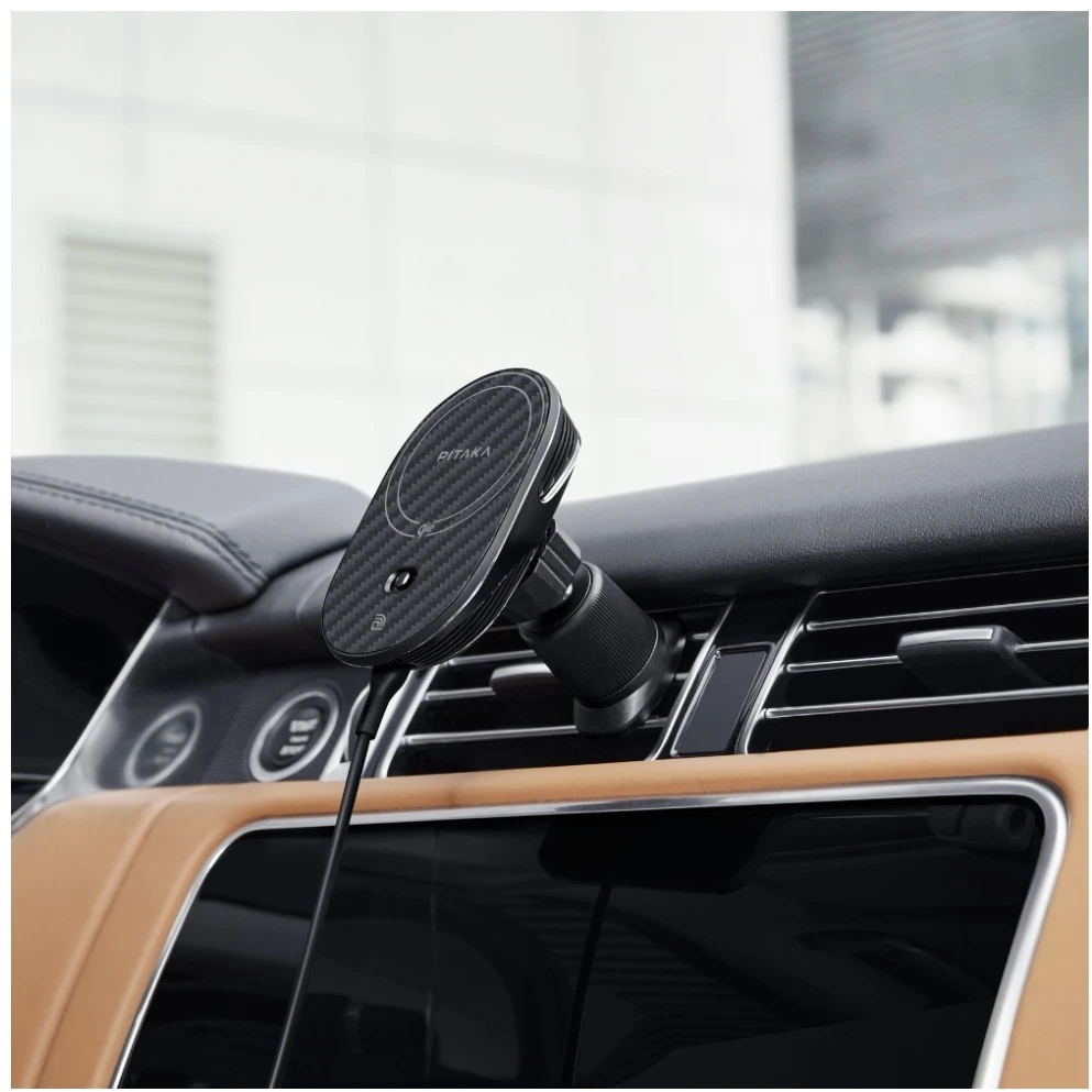 Car mount with wireless charger PITAKA MagEZ Pro 2 Qi2 15W NFC MagSafe juodos spalvos pilkos spalvos