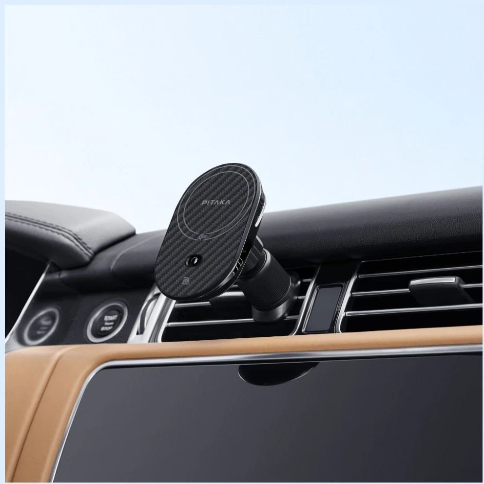Car mount with wireless charger PITAKA MagEZ Pro 2 Qi2 15W NFC MagSafe juodos spalvos pilkos spalvos