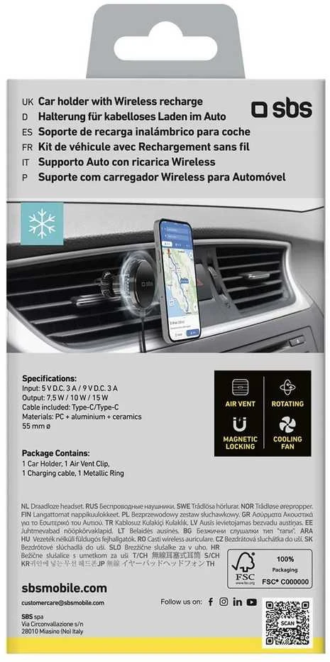 Telefono lakiklis su belaidžiu įkrovimu SBS TESUPFANWIR15W 15W for air vent, with cooling - juodas