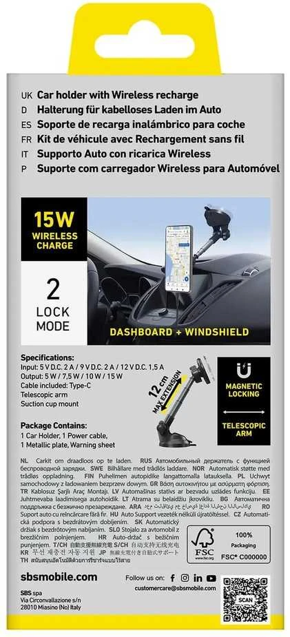 Telescopic telefono laikiklis su belaidžiu įkrovimu SBS TESUPPMAG15WLONGARM with suction cup, compatible with MagSafe - juodas