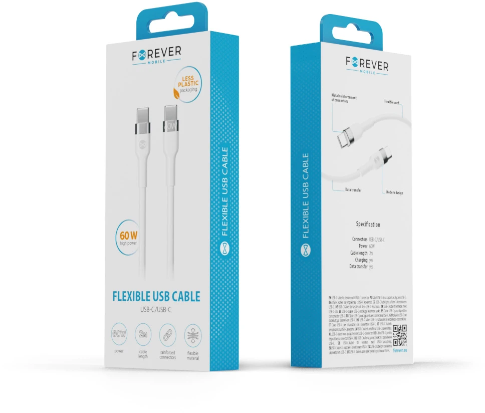 Forever lankstus laidas USB-C – USB-C 2,0 m 60W baltas