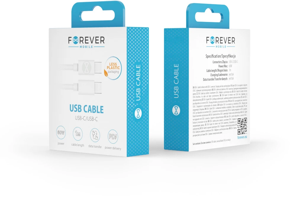 Forever USB-C – USB-C laidas 1,0 m 60W baltas