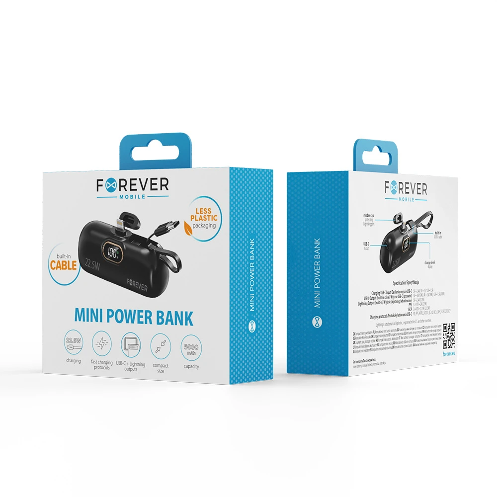 Forever mini išorinė baterija MTB-100 22.5W 5000 mAh Lightning juoda