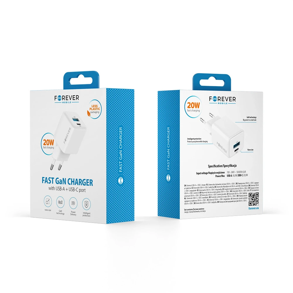 Forever TC-08-20AC GaN PD QC įkroviklis 1x USB-C 1x USB 20W baltas