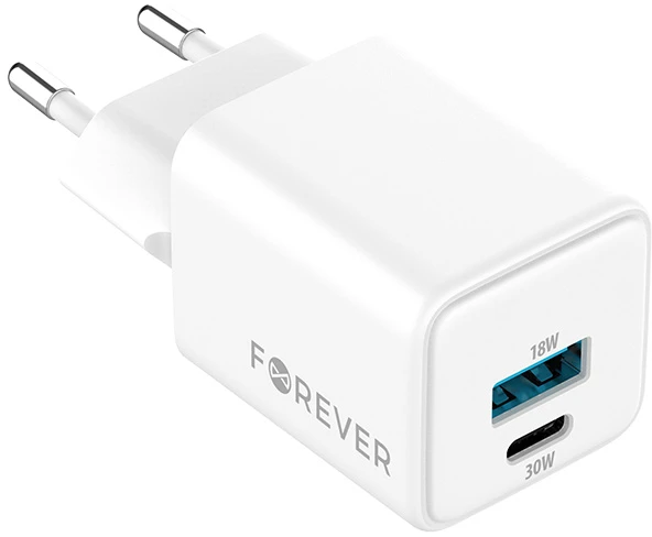 Forever TC-08-30AC GaN PD QC įkroviklis 1x USB-C 1x USB 30W baltas