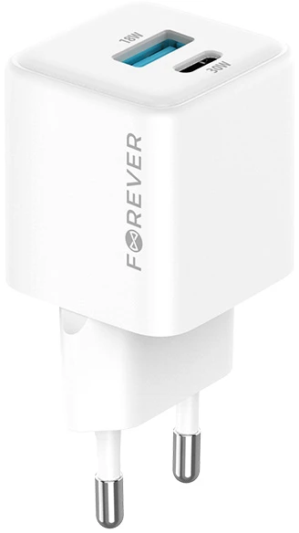 Forever TC-08-30AC GaN PD QC įkroviklis 1x USB-C 1x USB 30W baltas