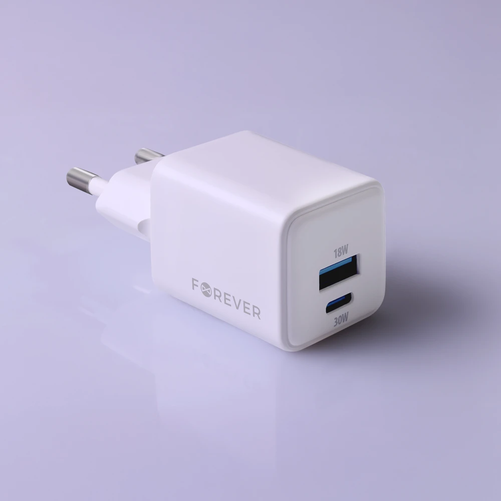 Forever TC-08-30AC GaN PD QC įkroviklis 1x USB-C 1x USB 30W baltas